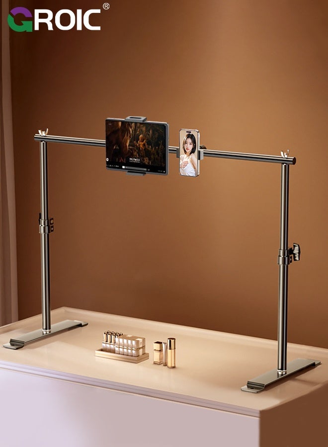 GROIC Bedside Tablet Stand, Adjustable Height Stretchable Overhead Bed Phone Stand, Compatible with iPad mini Air Pro, Kindle, Switch, Galaxy Tab, Cell Phones, Dual Position Over Bed Phone and Tablet Mount - Image 1